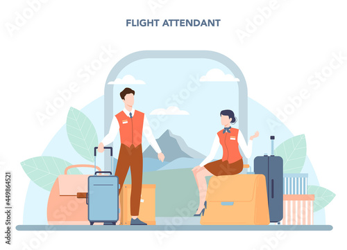 Stewardess concept. Flight attendants help passenger in airplane