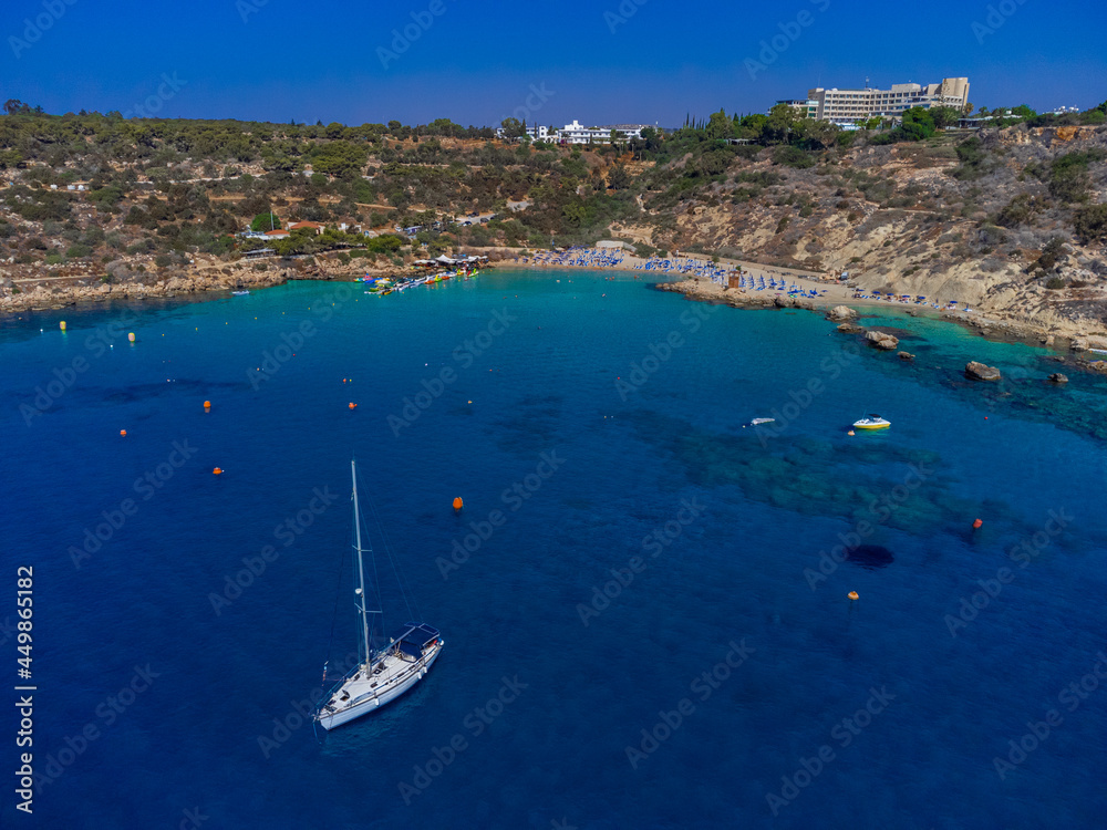 Blue Lagoon Konnos Beach Cyprus Aerial view Drone. Mediterranean sea coastline