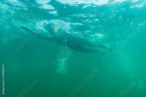 Triathlete swimming in a lake, underwater perspective