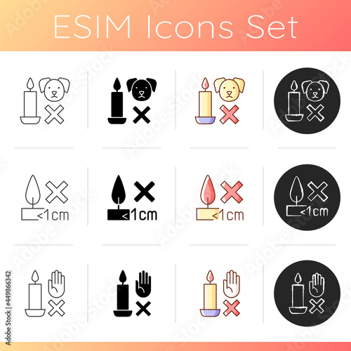 Candle warning label manual label icons set. Never touch. Container overheating danger. Safety measure. Linear, black and RGB color styles. Isolated vector illustrations for product use instructions