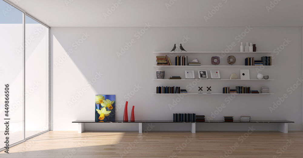 Fototapeta premium Illustration 3D rendering large luxury modern bright interiors Living room mockup computer digitally generated image