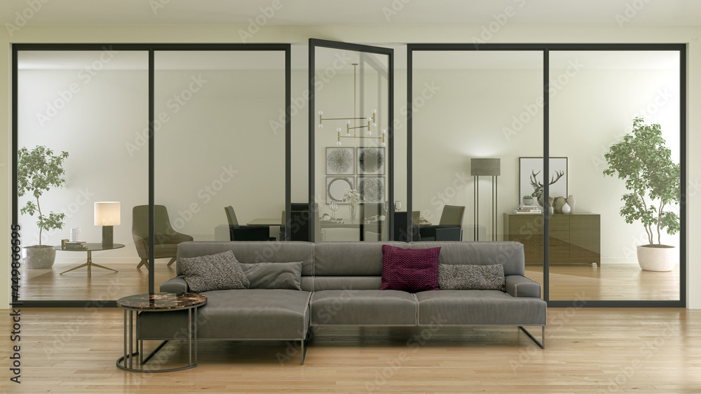 Fototapeta premium Illustration 3D rendering large luxury modern bright interiors Living room mockup computer digitally generated image