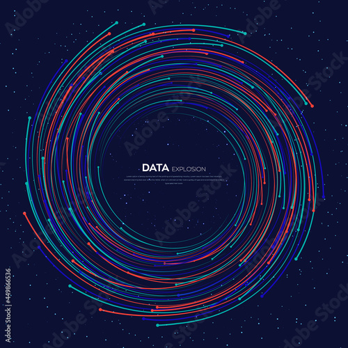 Evolution of data. Vector explosion colorful dot lines background. Data transfer, Social network, Internet  databases. vector illustration use for quantum technology, digital, science, communication.