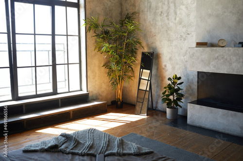 Background image of empty room lit by sunlight focus on big windows with loft design elements, copy space