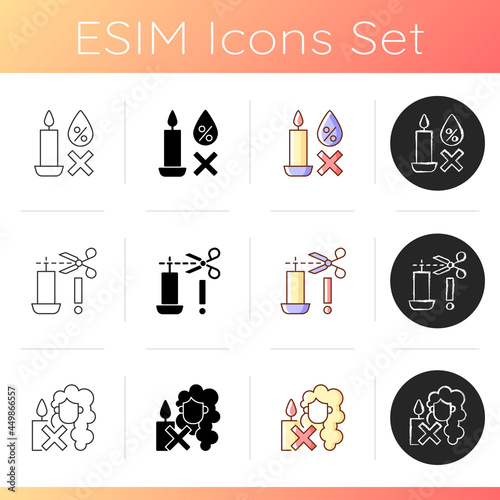 Candle safety warning manual label icons set. Avoiding exposure to moisture. Trimming candle wick. Linear, black and RGB color styles. Isolated vector illustrations for product use instructions