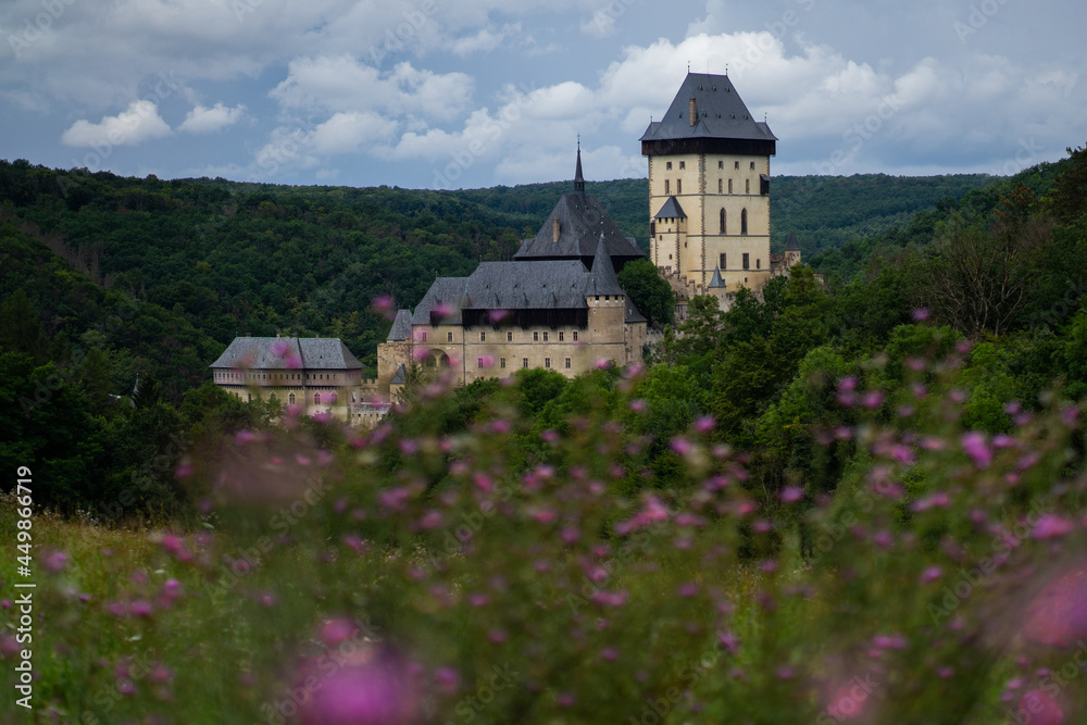 Fototapeta premium Karlstejn Castle, historical building of the Czech Republic in the summer blooming scenery. Popular tourist destination/attraction near Prague.