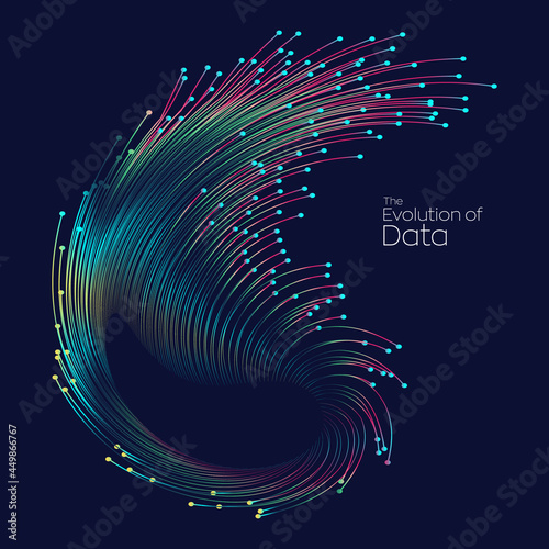 Evolution of data. Vector explosion colorful dot lines background. Data transfer, Social network, Internet  databases. vector illustration use for quantum technology, digital, science, communication.
