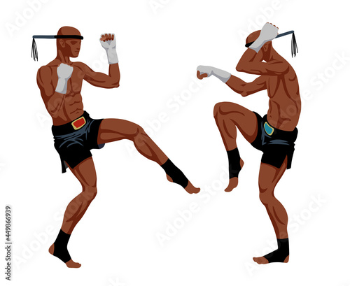 muay thai boxers in sports pants, traditional ritual dance before the fight, ancient martial art, color vector illustration isolated on a white background in cartoon style and flat design