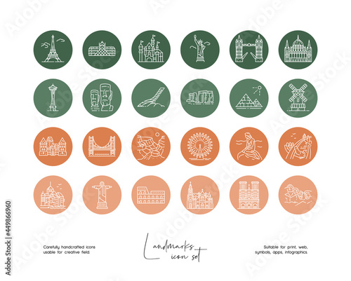 Set of hand drawn line art vector landmarks illustrations. Vector line icons set for social media story highlight covers.