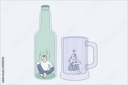 Addiction to alcohol and depression concept. Two young depressed people man and woman sitting on bottom of beer mug and bottle feeling stressed addicted to alcohol vector illustration 