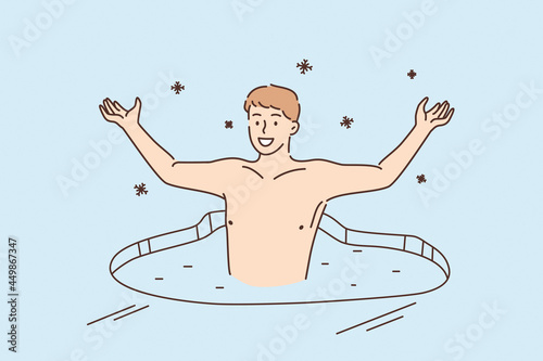 Healthy lifestyle challenge, sport activity concept. Smiling young man swimming in ice hole during winter taking part in Orthodox Church Holy Epiphany Day vector illustration 