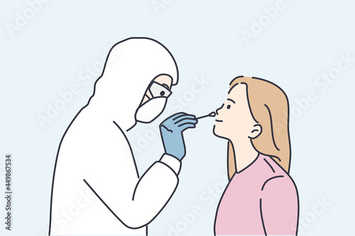 Test for coronavirus infection concept. Doctor in white protective uniform taking test for COVID-19 from young girls nose with stick during pandemic vector illustration 