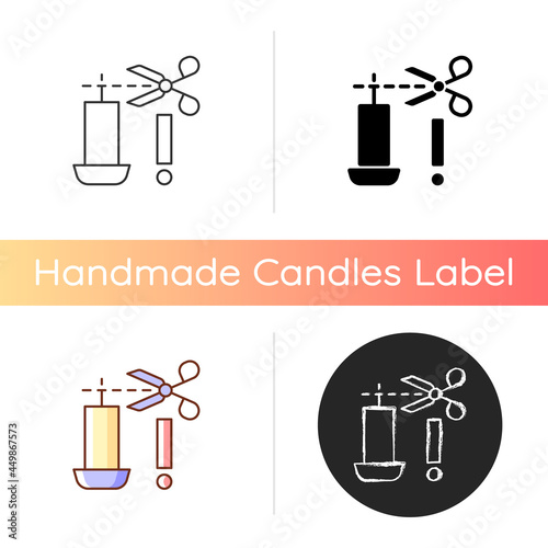 Trimming candle wick manual label icon. Preventing large, uneven flame. Control melted wax amount. Linear black and RGB color styles. Isolated vector illustrations for product use instructions