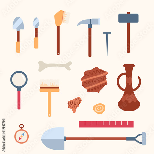 Set tools for work of scientists archaeologists at archeology excavations.