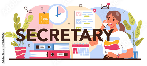 Secretary typographic header. Receptionist answering calls and assisting