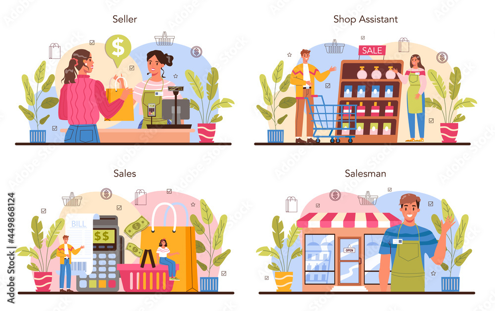 Seller concept set. Professional worker in the supermarket, shop