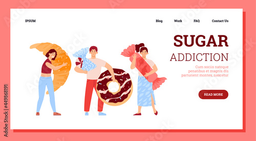 Vector landing page template with people suffering sugar addictions.
