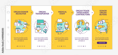 Trafficking for organ trade participants onboarding vector template. Responsive mobile website with icons. Web page walkthrough 5 step screens. Transplantation color concept with linear illustrations