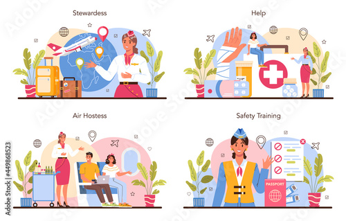 Stewardess concept set. Flight attendants help passenger in airplane.