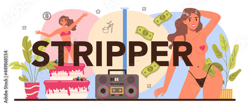 Stripper typographic header. Pole dancing woman in club, stripper photo