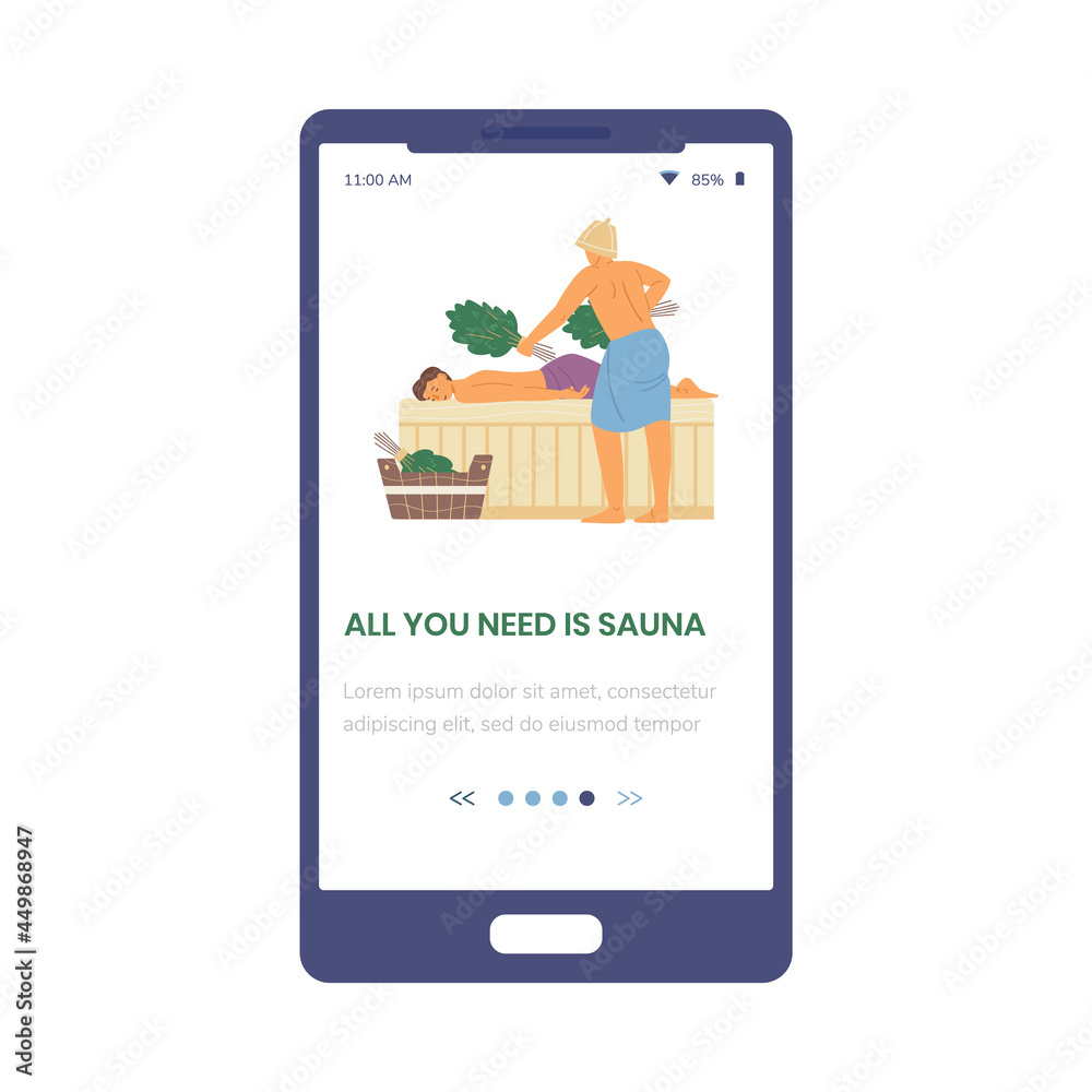 Mobile phone screen with people enjoying of relaxation in hot steam sauna. Mobile phone screen with people enjoying of relaxation in hot steam sauna.