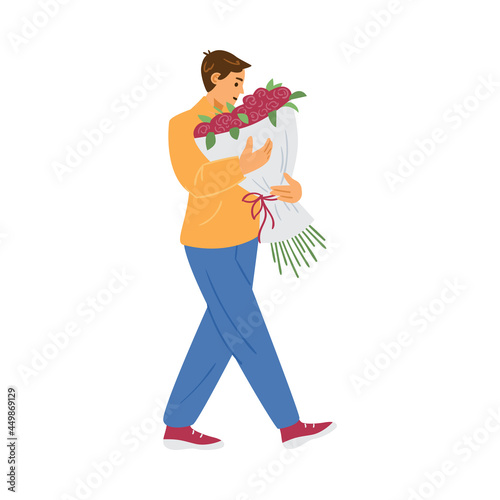 Man walking with bouquet of flowers in hands, flat vector illustration isolated.