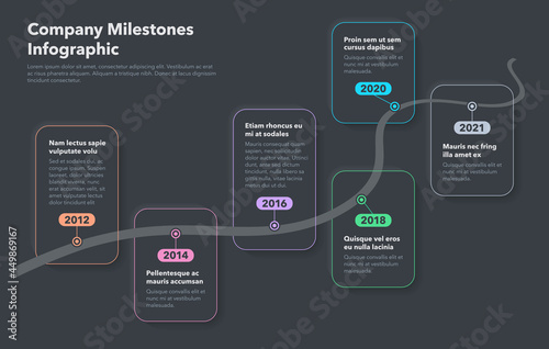Business infographic for curved road map timeline with colorful pointers - dark version. Easy to use for your website or presentation.