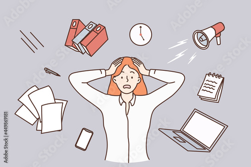 Stress, burnout, feeling tired concept. Young stressed woman worker cartoon character standing touching head with flying things duties around vector illustration 