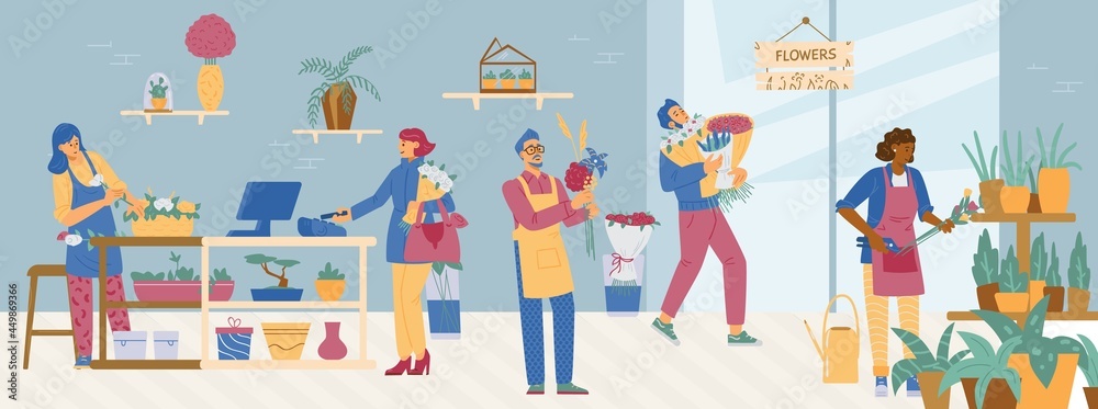 Naklejka premium Flower shop with sellers or florists and buyers, flat vector illustration.