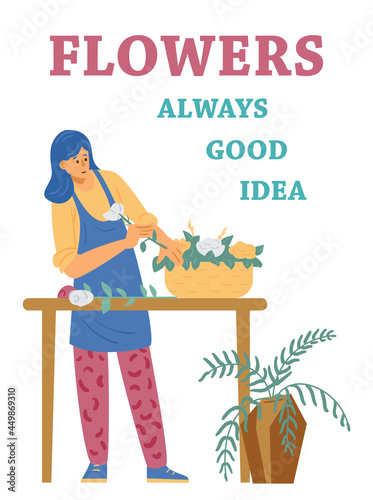 Poster for flower shop with female professional florist making floral bouquets