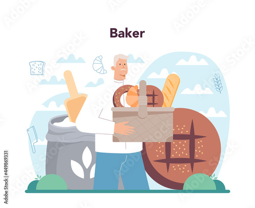 Baker concept. Chef in the uniform baking bread. Baking pastry process.
