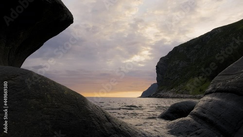 Famous Tourist Attraction Of Kannesteinen Rock In Rural Village Of Oppedal, Norway. wide shot photo