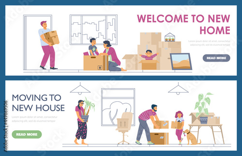 Banners with family packing for moving to new home, flat vector illustration. © Kudryavtsev