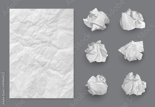 Paper texture. Crumpled balls and realistic writing piece of damaged paper decent vector template photo