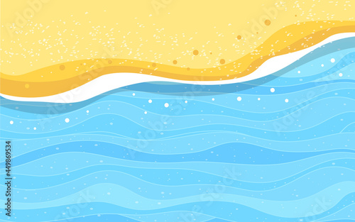 Sea coast. Waves, beach sand. Top view. A place for your text. Colorful vector illustration. Horizontally.