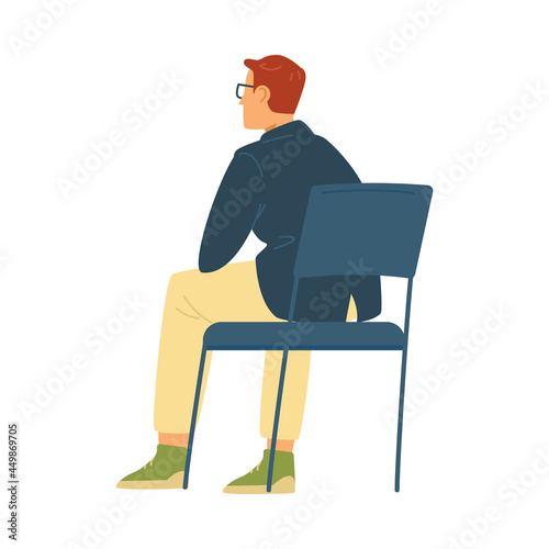 Man in glasses sits with back on chair in flat vector illustration isolated