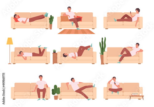 Person relaxing on sofa. Man sitting on couch sleeping thinking character dreaming in various poses nowaday vector cartoon pictures set
