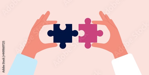 Collect puzzles. Hands holding puzzle pieces. Parts connect, collaboration or business cooperation metaphor. Teamwork vector concept