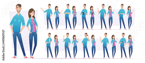 People in jeans. Male and female characters in casual style clothes standing in action poses with different gestures girls pose adults exact vector set
