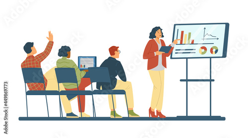 Concept of meeting, business presentation, training in flat vector illustration