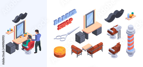 Barbershop items. Hairdressing furniture beauty salon accessories razor chairs hair brush for stylists garish vector isommetric colored set