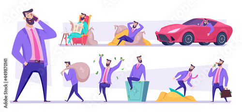 Rich businessman. Happy dollar millionaire holding money and golden coins in various poses exact vector cartoon business characters
