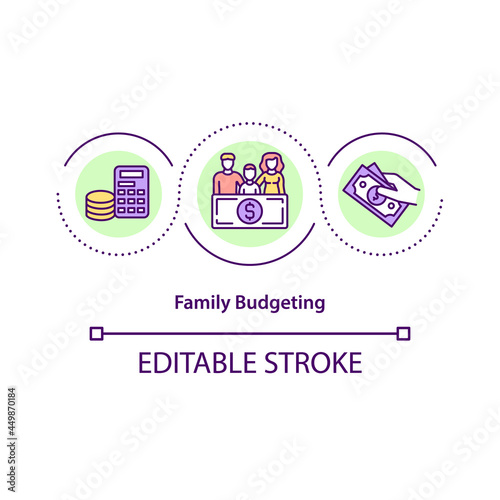 Family budgeting concept icon. Financial income and expenses calculation. Money management abstract idea thin line illustration. Vector isolated outline color drawing. Editable stroke
