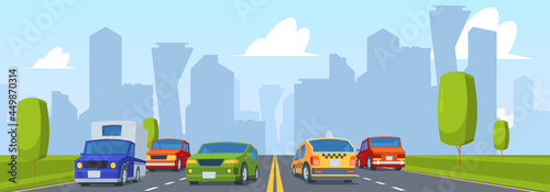 Cars on road. Speed automobile outdoor highway with four traffic line driving tunnel garish vector cartoon background with urban landscape