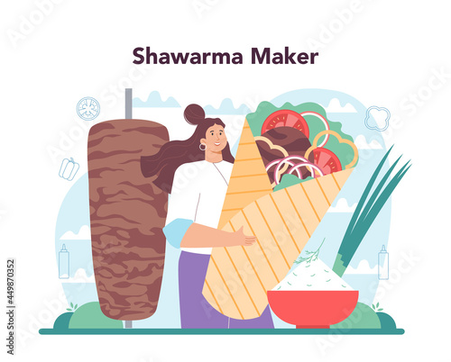 Shawarma street food concept. Chef cooking delicious roll with mea