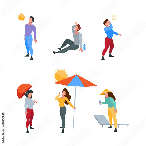 Sunstroke people. Outdoor summer characters tired with hot body temperature sunlight sweaty weather garish vector stylized persons male and femle illustrations