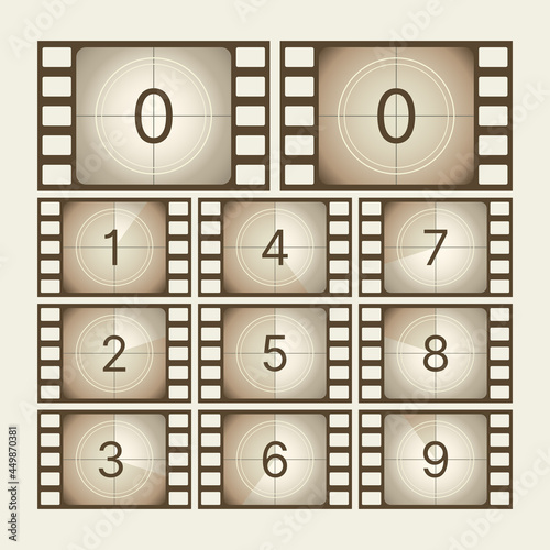 Cinema countdown. Retro movie scratch tape with numbers screen frames sequence film animation effect garish vector countdown template