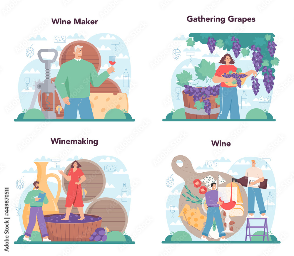 Fototapeta premium Wine maker concept set. Grape wine in a wood barrel, bottle of a red wine