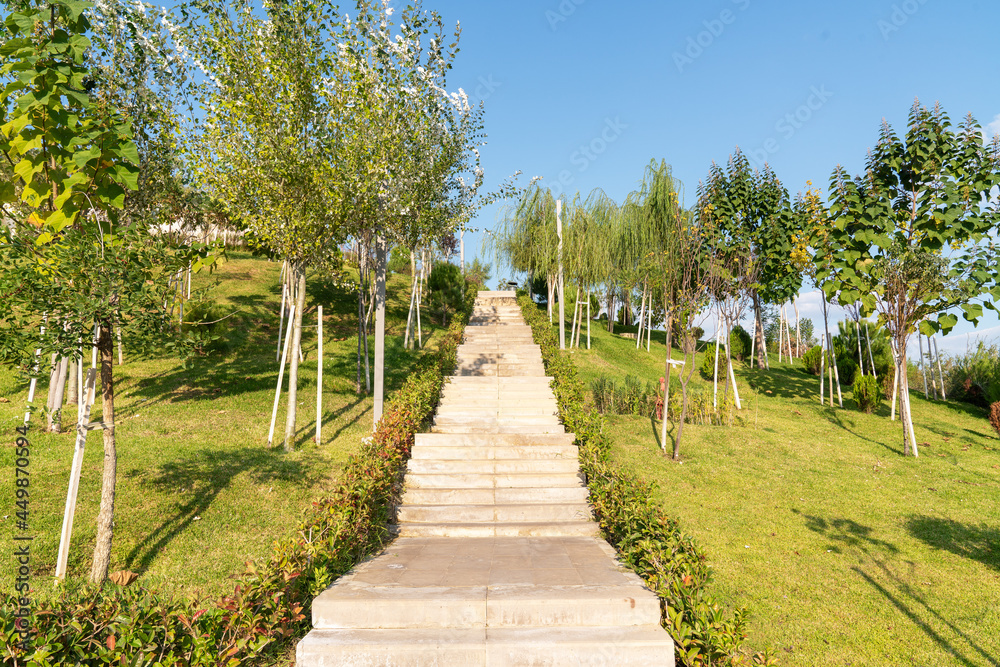A beautiful stairs and walkway, path next to the peaceful public park and garden.