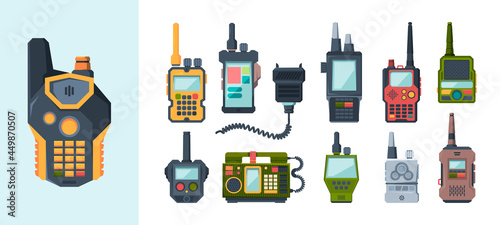 Radio device. Military or police radio frequency transmitters and receivers garish vector flat pictures collection